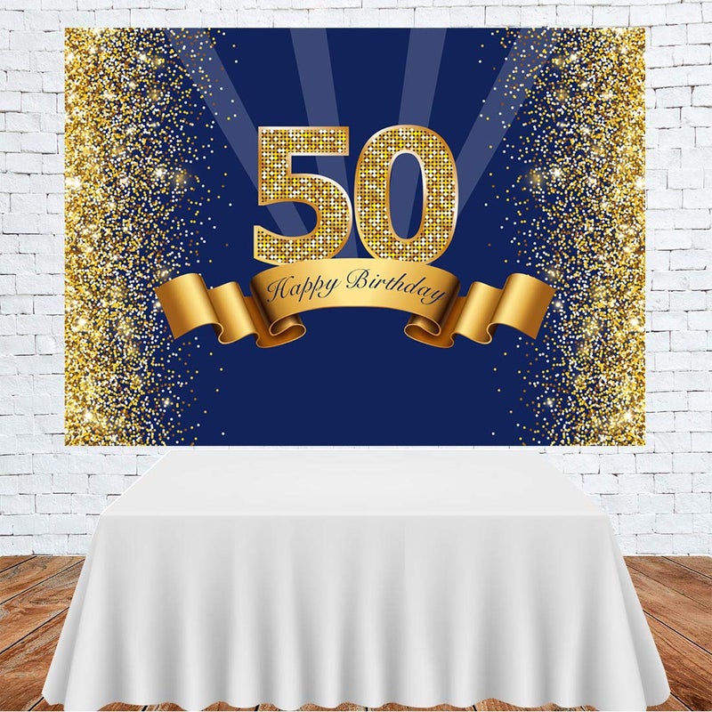 LoveInM Happy 50th Birthday Backdrop Navy Blue and Glitter Gold Photography Background Shiny Adult Men Fifty Years Old Age Birthday Party Decorations Supplies Photo Banner Photobooth Props 7x5ft - Image 3